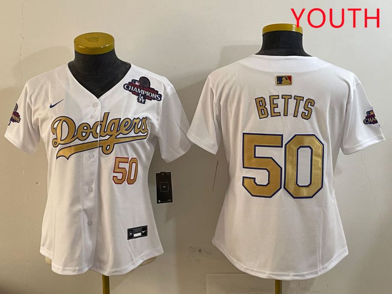 Youth Los Angeles Dodgers #50 Betts White Champion gold character 2025 Nike MLB Jersey style 4091->youth mlb jersey->Youth Jersey